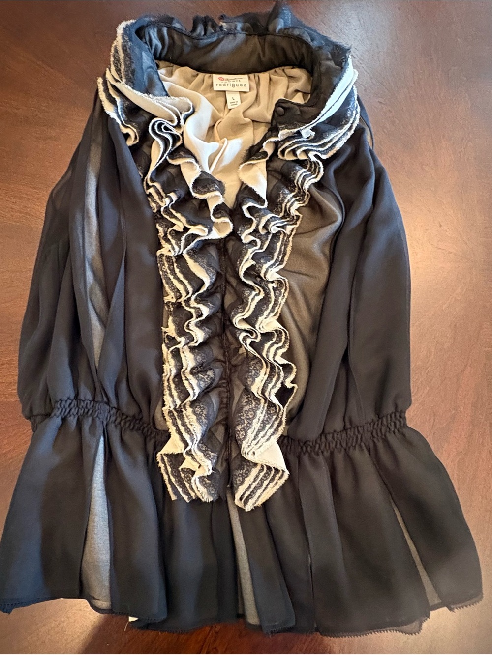 Robert Rodriguez Black Blouse with Cream Ruffle Trim